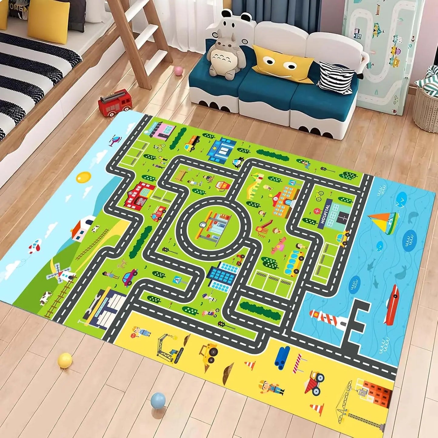 Kids city traffic interactive play rug