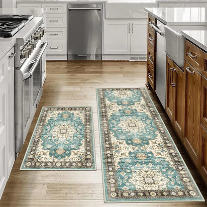 VIKAMA Bohemian Anti-Slip Washable Kitchen & Bathroom Floor Mat Set