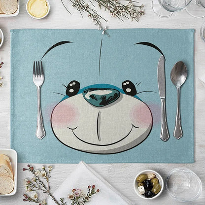 Cute Animal Linen Kids Placemat Set (Pig Bear Frog Fox Pattern)
