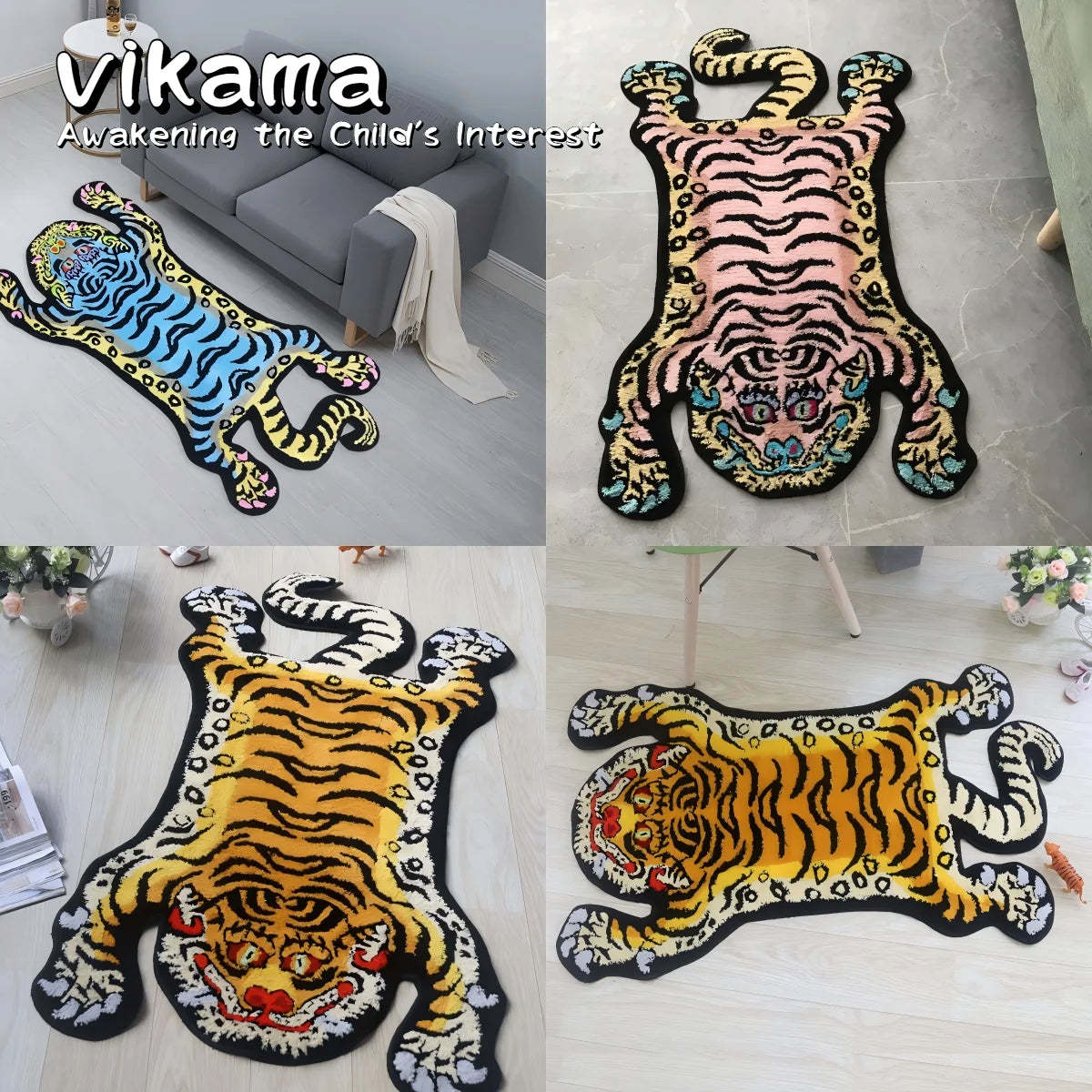 VIKAMA Tiger Plush Rug Non-Slip Kids Bedroom Jungle Playroom Carpet