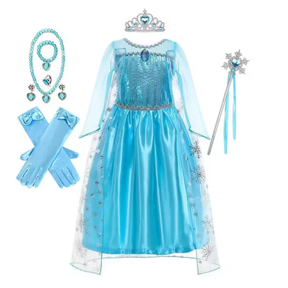 Disney Frozen Elsa Snow Queen Cape Costume Dress For Girls