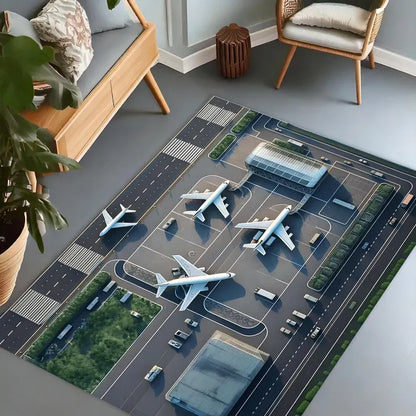 Realistic airport airplane play room rug