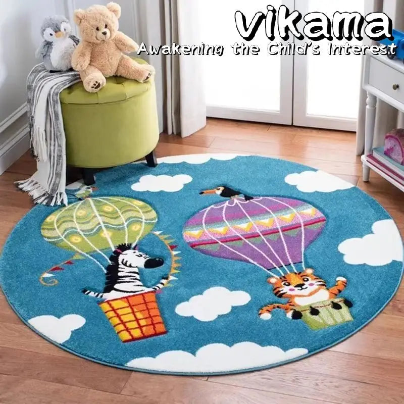 VIKAMA Cartoon Animal Round Cashmere Rug Non-Slip Washable Bedroom Living Room Sofa Mat