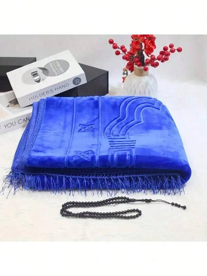 Thick velvet Muslim prayer rug set with beads