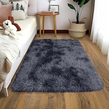 VIKAMA Small Black Plush Area Rug Soft Kids Bedroom Bedside Entrance Mat