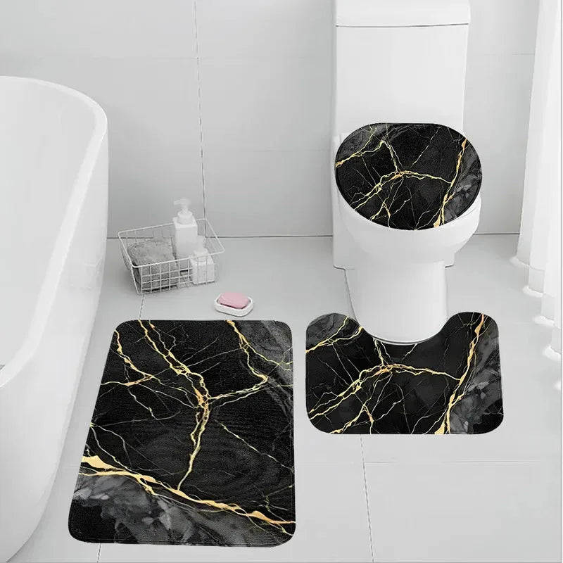 VIKAMA Black Gold Marble Bathroom Mat Set