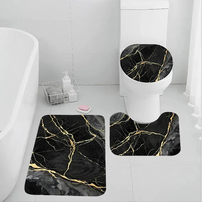 VIKAMA Black Gold Marble Bathroom Mat Set