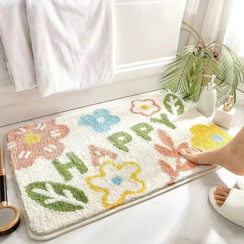 VIKAMA Floral Cashmere Rug Non-Slip Absorbent Bathroom Living Room Doormat Home Decor