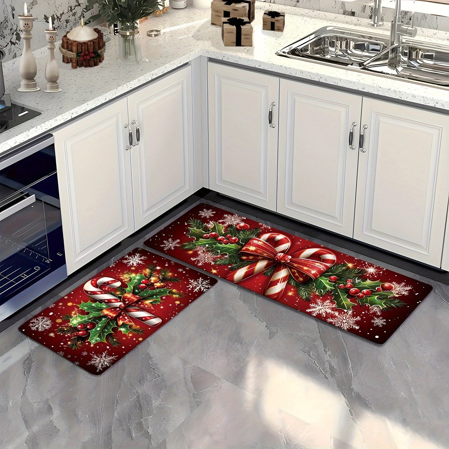 Merry Christmas candy cane snowflake kitchen mat festive holiday decor rug