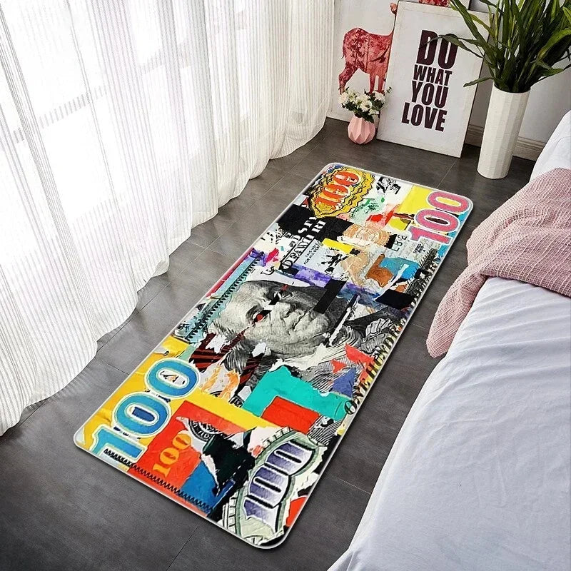 VIKAMA Creative Banknote Long Strip Floor Mat Soft Non-Slip Bedroom Bedside Rug