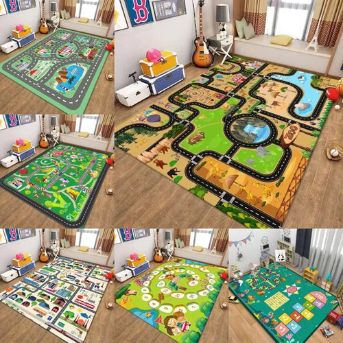 Kids Traffic Play Mat Road Map Rug Educational Non-Slip Carpet Preschool Playroom Zoo Animal Number Design Home Decor