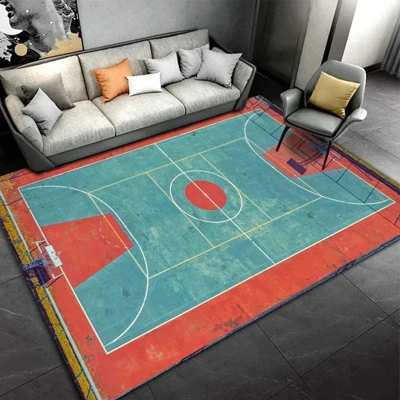 Basketball Court Design Rug Blue Orange Red Non-Slip Carpet Sports Theme Floor Mat Living Room Bedroom Home Decor