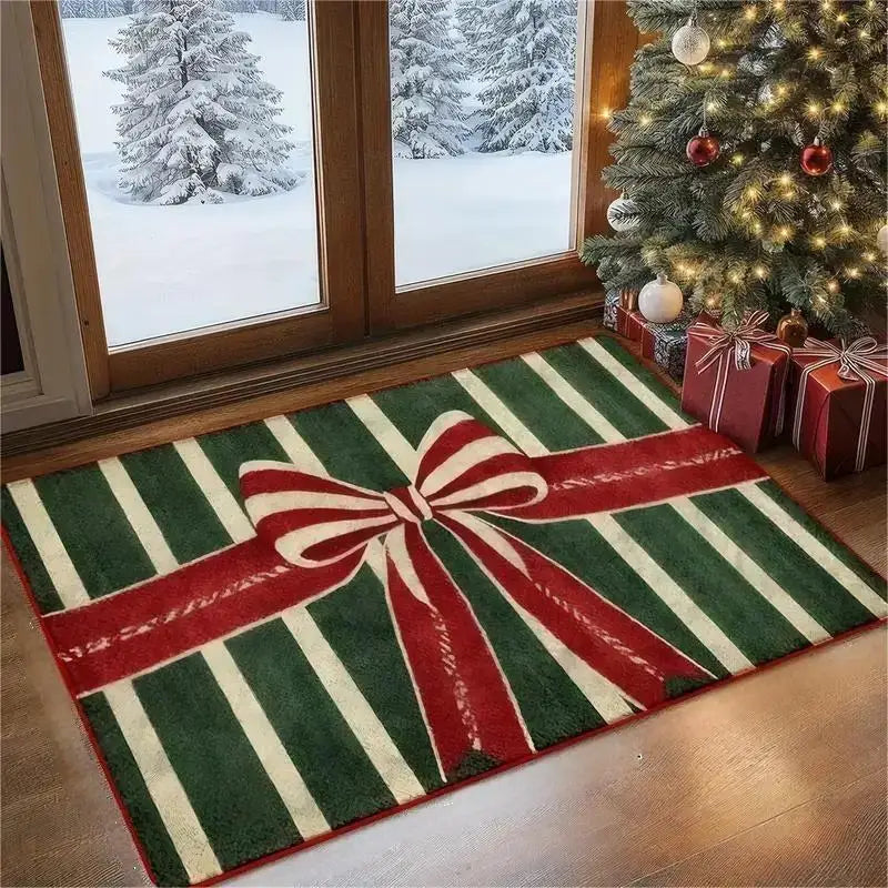 Christmas Gift Box Carpet Gingerbread House Rug Red Green Stripe Bow Candy Cane Non-Slip Entryway Floor Mat Holiday Home Decor