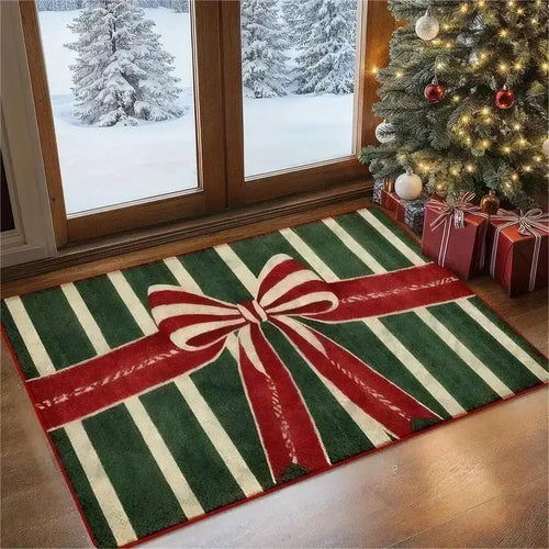 Christmas Gift Box Carpet Gingerbread House Rug Red Green Stripe Bow Candy Cane Non-Slip Entryway Floor Mat Holiday Home Decor