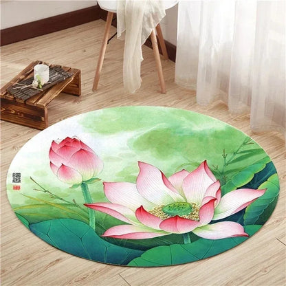 VIKAMA Lotus Peony Round Non-Slip Area Rug