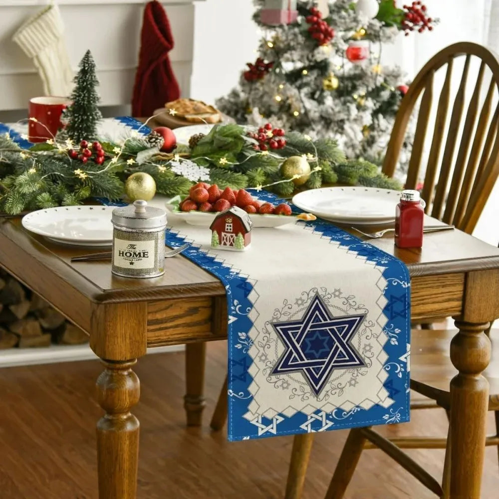 Elegant Linen Tablecloth Star of David Seven-Branched Candlestick Passover Table Decor