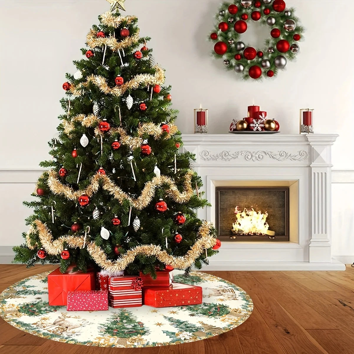 VIKAMA Christmas Tree Skirt Reindeer Holiday Rug