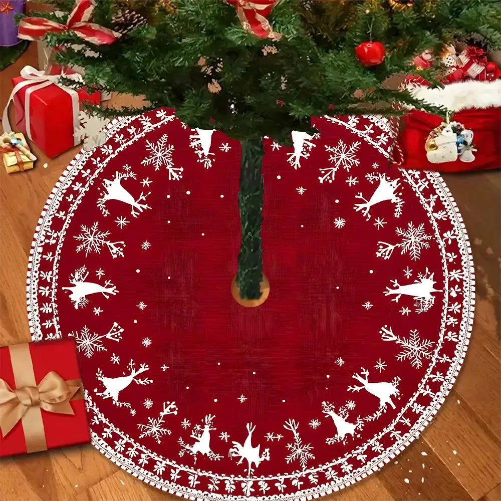 VIKAMA Christmas Tree Skirt Festive Red Reindeer Snowflake Family Living Room Christmas Tree Skirt Mat Christmas Decoration