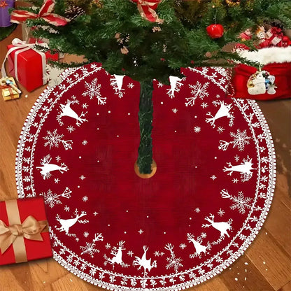 VIKAMA Christmas Tree Skirt Festive Red Reindeer Snowflake Family Living Room Christmas Tree Skirt Mat Christmas Decoration