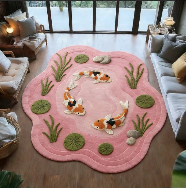 Koi Fish Pattern Round Fluffy Non-Slip Area Rug