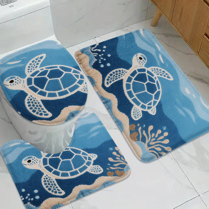 Ocean themed floor mat set, bathroom anti slip mat, shower room small carpet, toilet seat mat, door mat, decorative mat