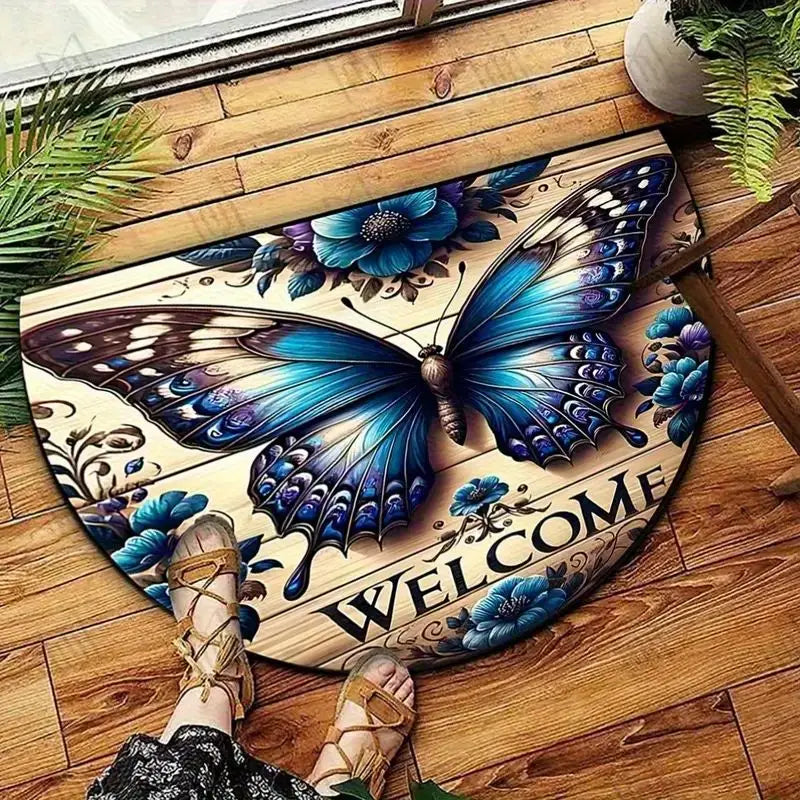 VIKAMA Butterfly Pattern Welcome Door Mat Semi-Circular Non-Slip Entrance Carpet