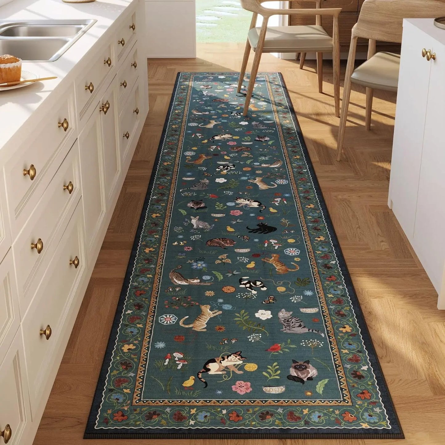 Vintage Cat Floral Runner Rug
