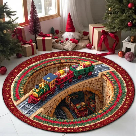 3D Christmas train round rug cozy holiday mat