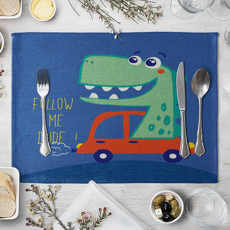 Cartoon Green Dinosaur Cotton Linen Kids Placemat Set