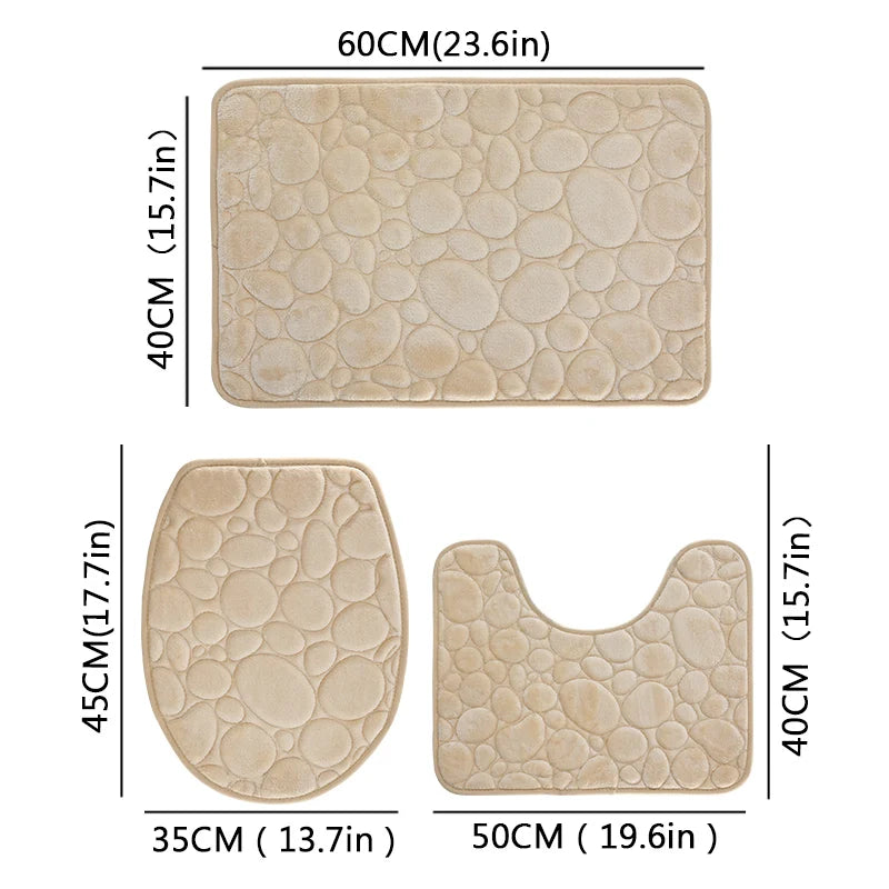 3-Piece Bathroom Mat Set Solid Color Stone Pattern Soft Comfortable Water-Absorbing Non-Slip Floor Rugs