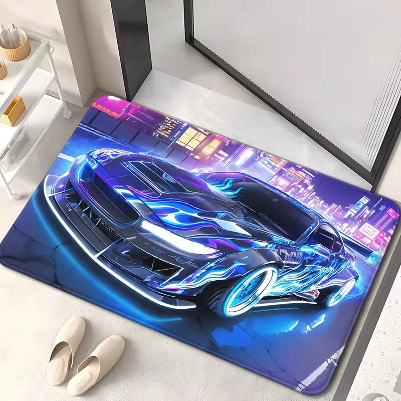 Racing car themed entryway door mat