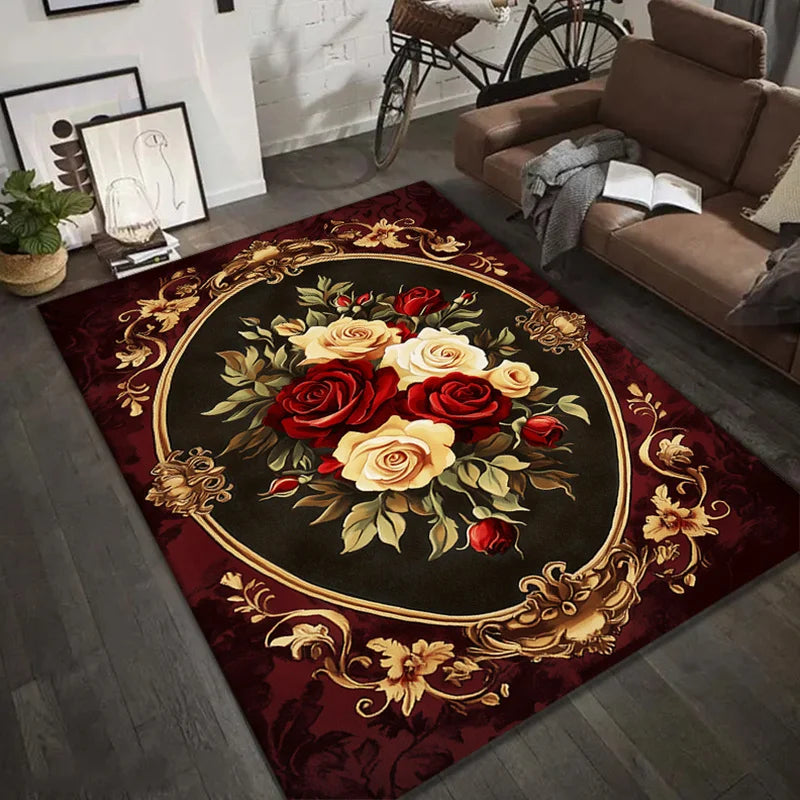 Retro Rose Floral Area Rug