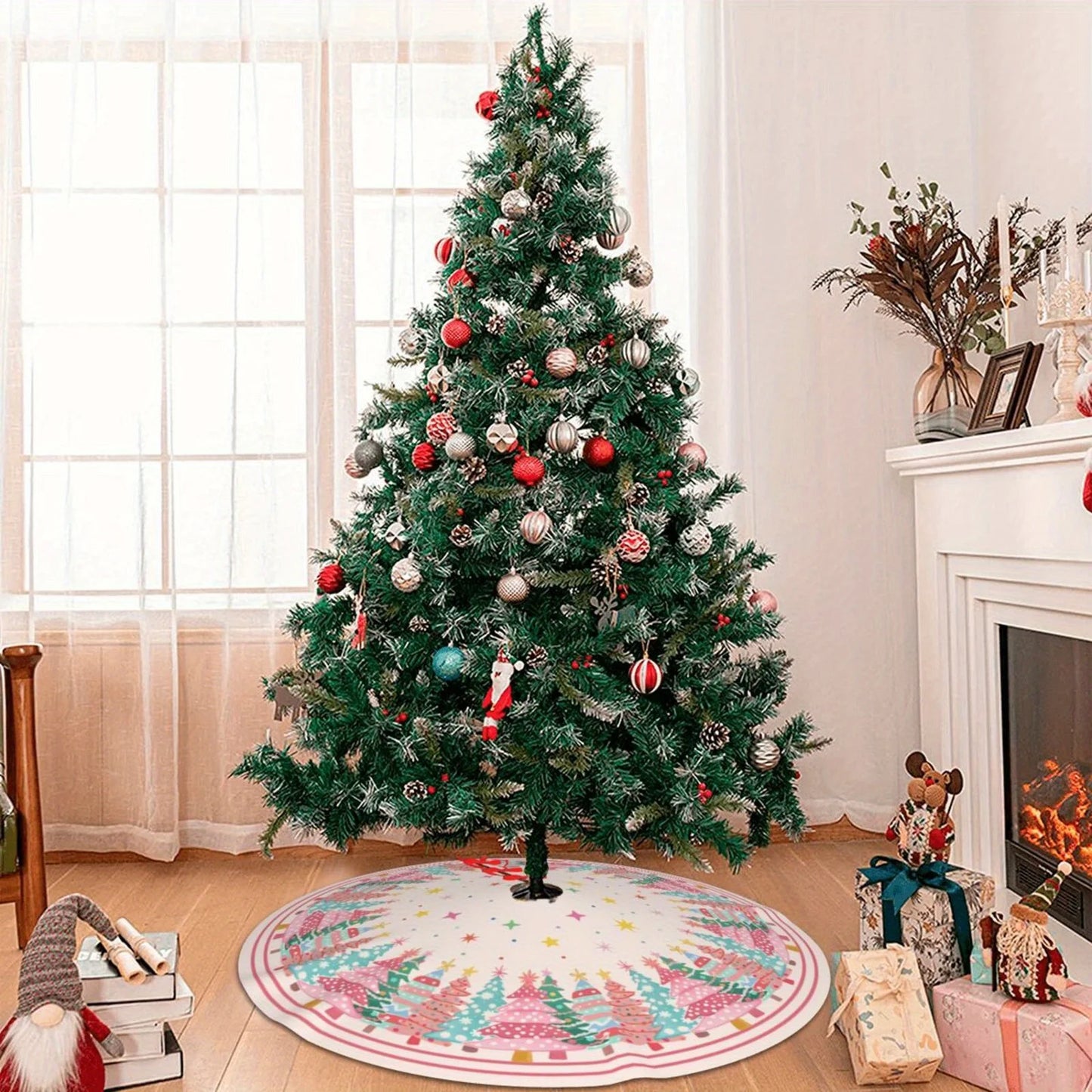 VIKAMA Pink Snowflake Christmas Tree Skirt Rug
