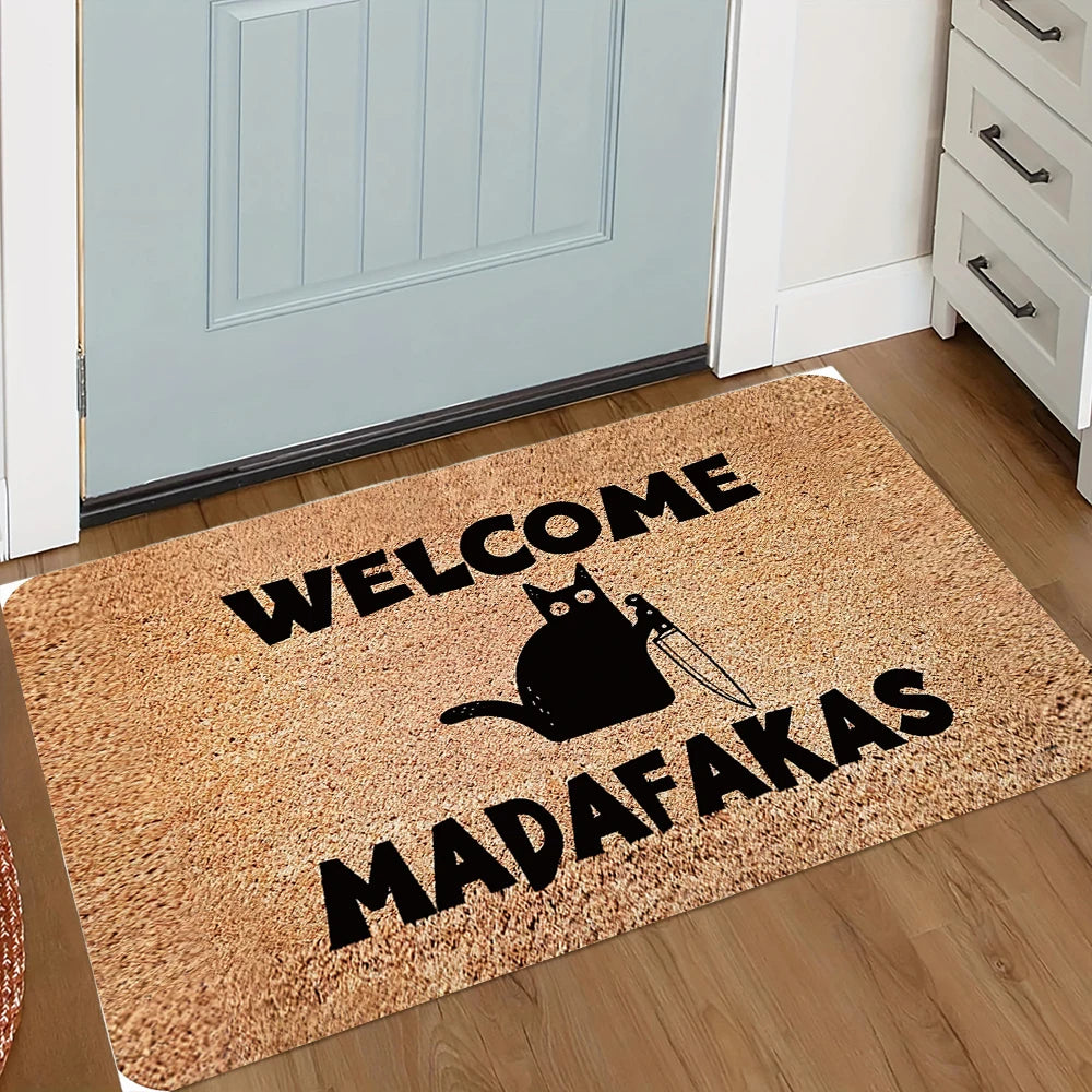 Funny Cartoon Cat Knife Welcome Doormat Non-Slip Entrance Rug Easy to Clean