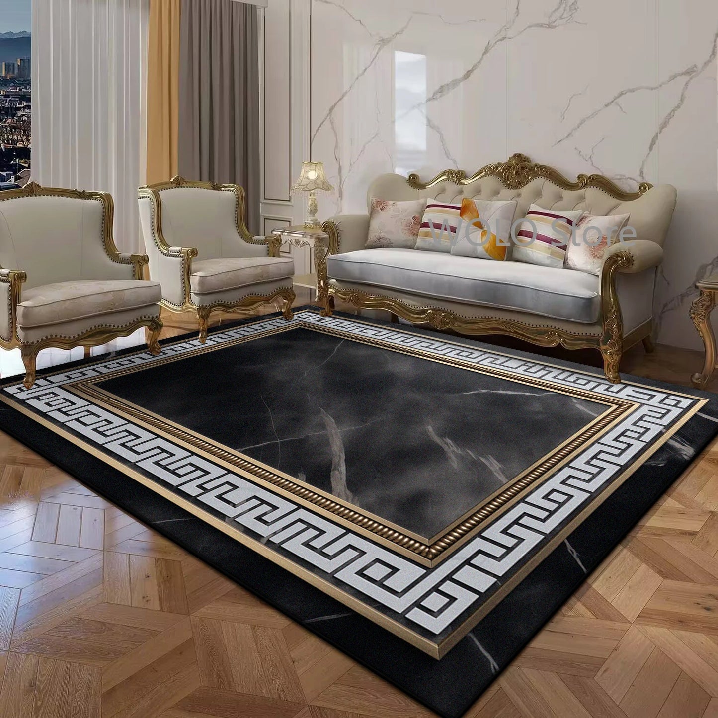 Black Gold Marble Luxury Area Rug