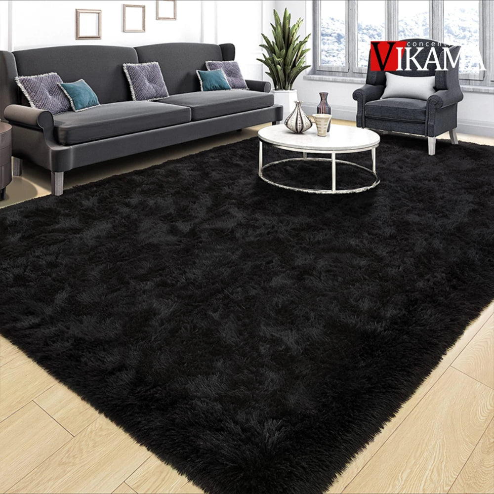 Black fluffy shaggy plush area rug