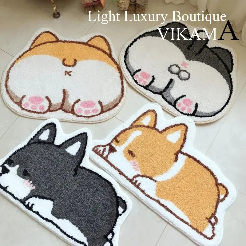 VIKAMA Cartoon Corgi Rug Soft Warm Non-Slip Absorbent Bathroom Floor Mat Living Room Bedroom Doormat Home Decor