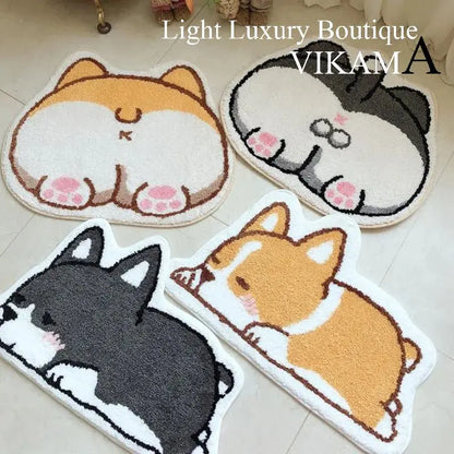 VIKAMA Cartoon Corgi Rug Soft Warm Non-Slip Absorbent Bathroom Floor Mat Living Room Bedroom Doormat Home Decor