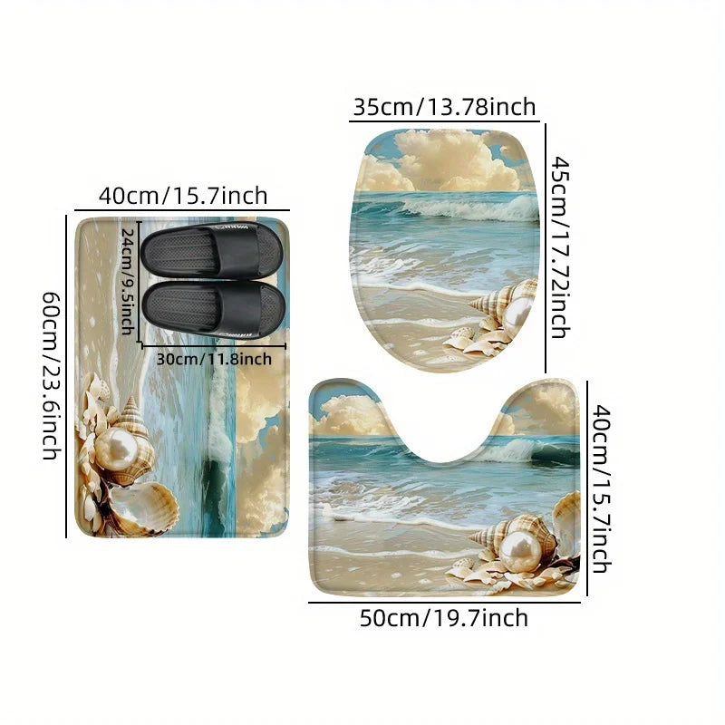 Washable 3-Piece Bathroom Rug Set Non-Slip Ocean Theme Flannel Shell Print Toilet Mat Bathtub Foot Pad Door Rug Home Decor