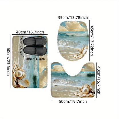Washable 3-Piece Bathroom Rug Set Non-Slip Ocean Theme Flannel Shell Print Toilet Mat Bathtub Foot Pad Door Rug Home Decor