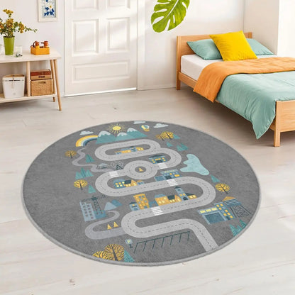VIKAMA Kids Cartoon Road Track Round Play Rug