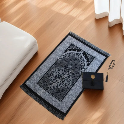 Muslim prayer rug set with beads and bag