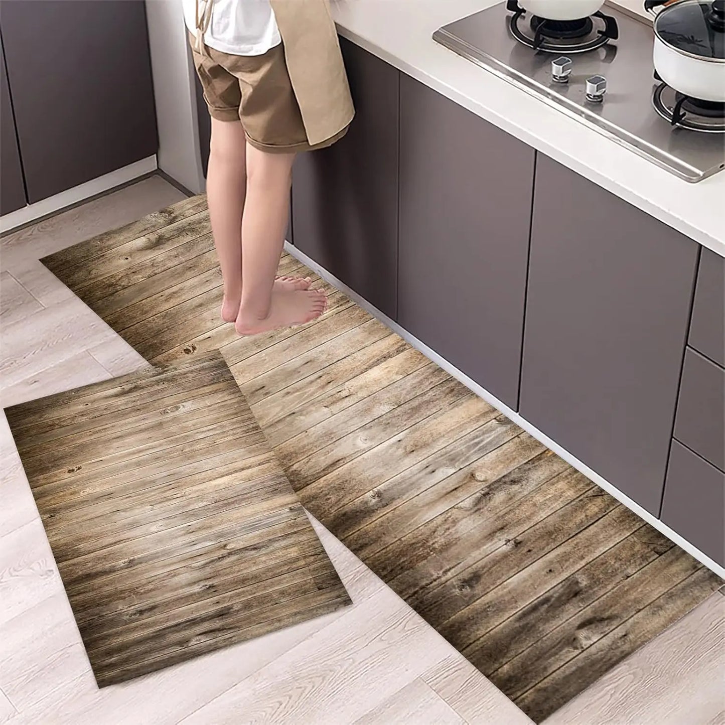 VIKAMA Vintage Wooden Non-Slip Kitchen Floor Mat Set
