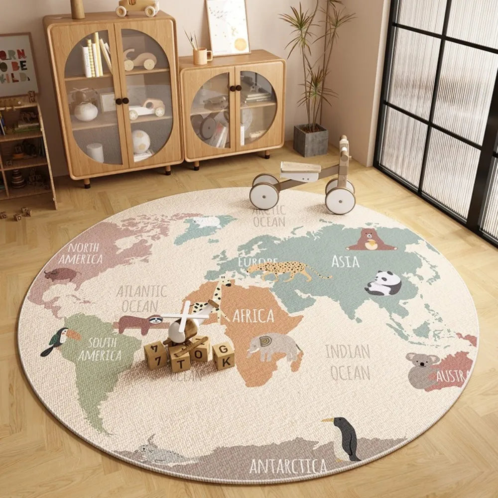 VIKAMA Cartoon World Map Round Non-Slip Area Rug