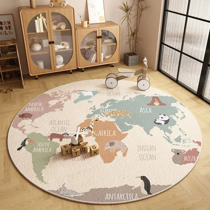 VIKAMA Cartoon World Map Round Non-Slip Area Rug