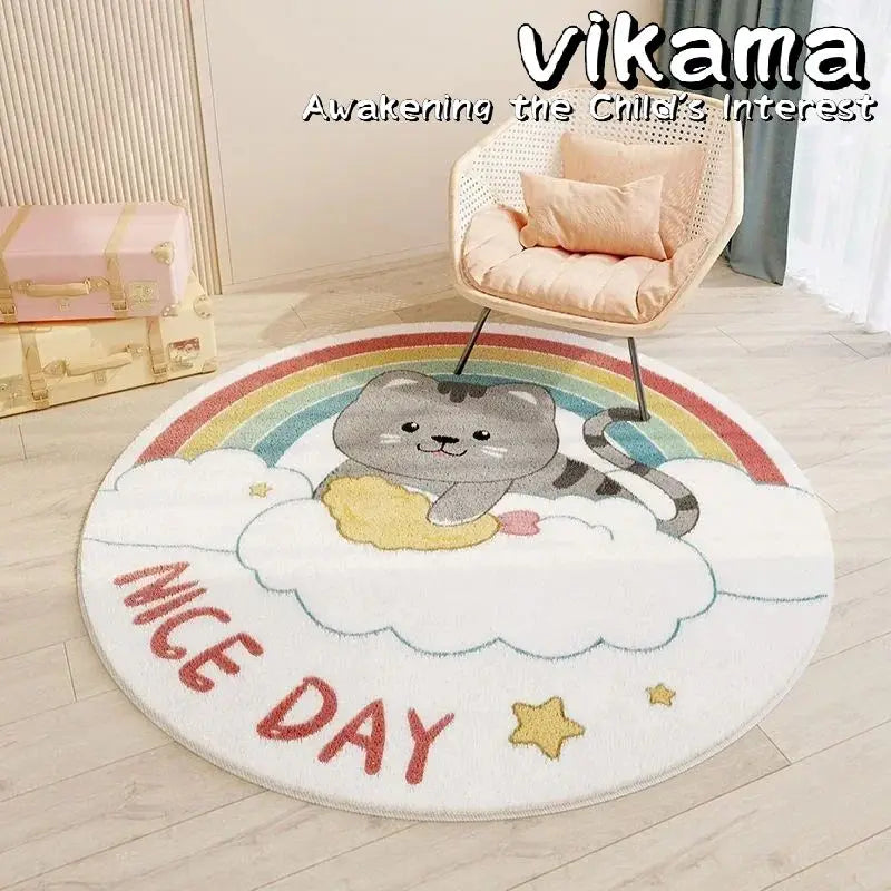 VIKAMA Cartoon Animal Round Cashmere Rug Non-Slip Washable Bedroom Living Room Sofa Mat