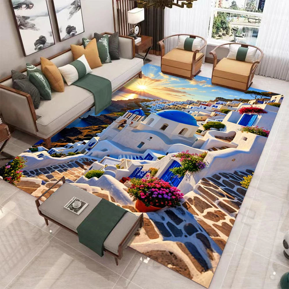 3D Santorini mountain landscape area rug