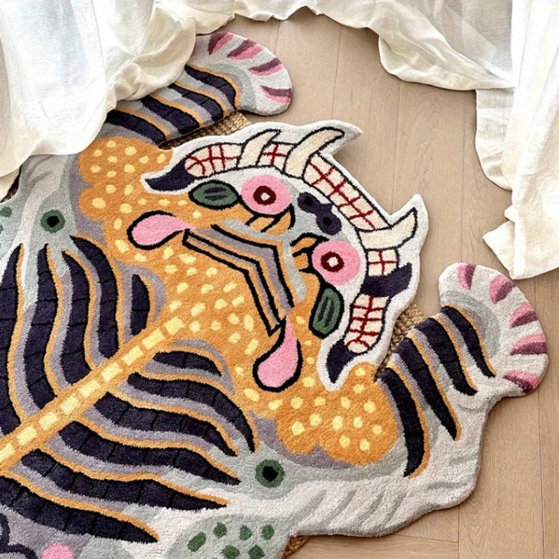 Fluffy tiger-print irregular shape area rug non-slip washable living room carpet