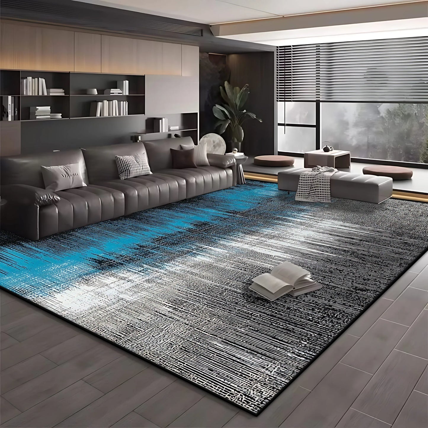Modern Simple Blue Black Non-Slip Washable Area Rug