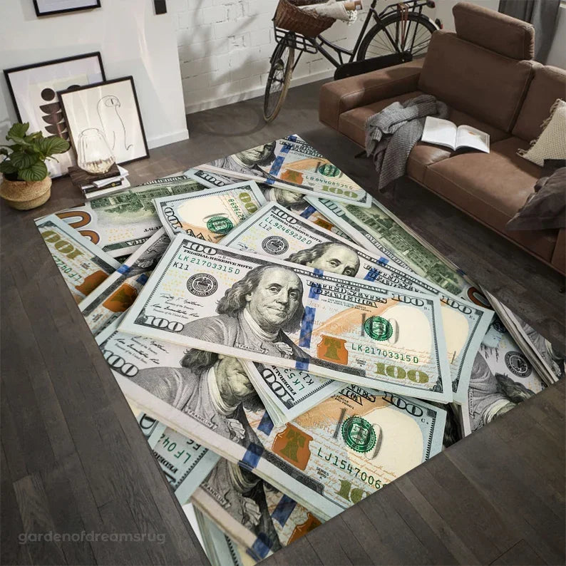 100 Dollar Bill Area Rug Ben Franklin Dollar Bill Money Rug Unique US Currency Design Carpet Home Decor